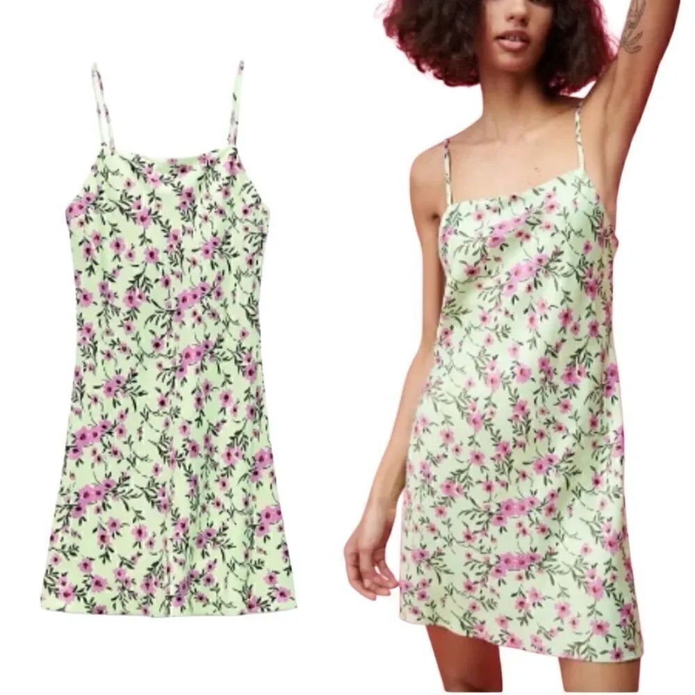 Zara Green Pink Floral Mini Satin Slip Dress Size Small